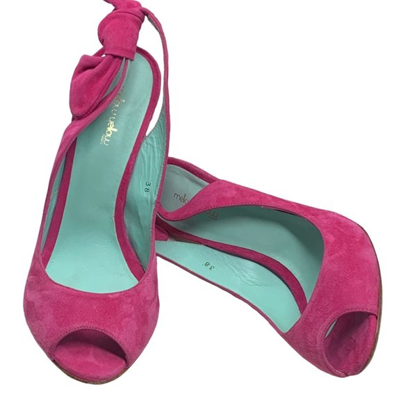 MELLOW YELLOW Nuevo Pink‎ Suede Peep Toe Slingback Bow Pumps - Picture 12 of 12